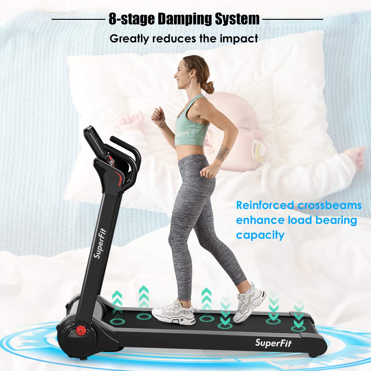 2.25HP Electric Folding Treadmill, Installation-Free Design with 8-Stage Damping System