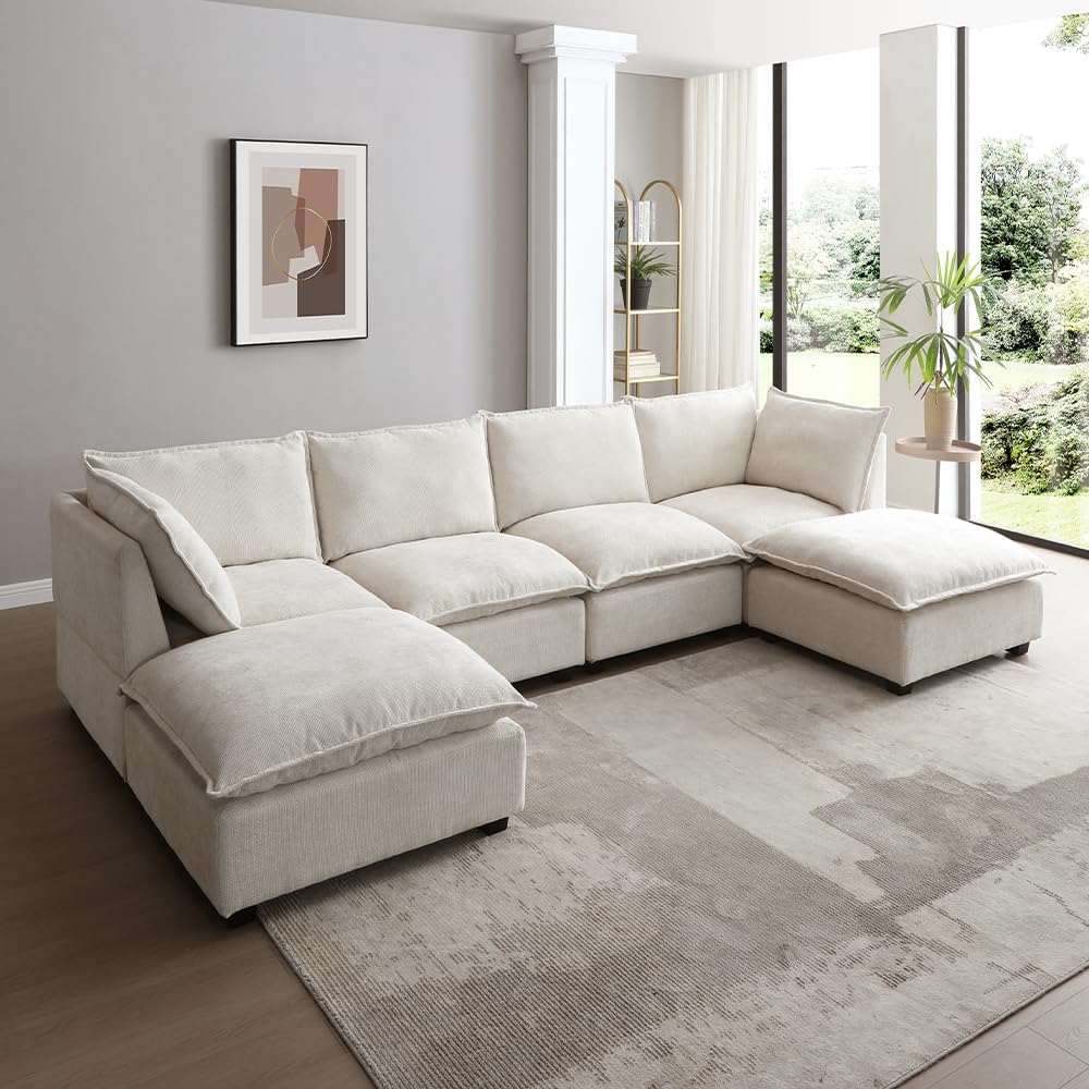 130" Modular U-Shaped Linen Sectional Sofa with Ottoman