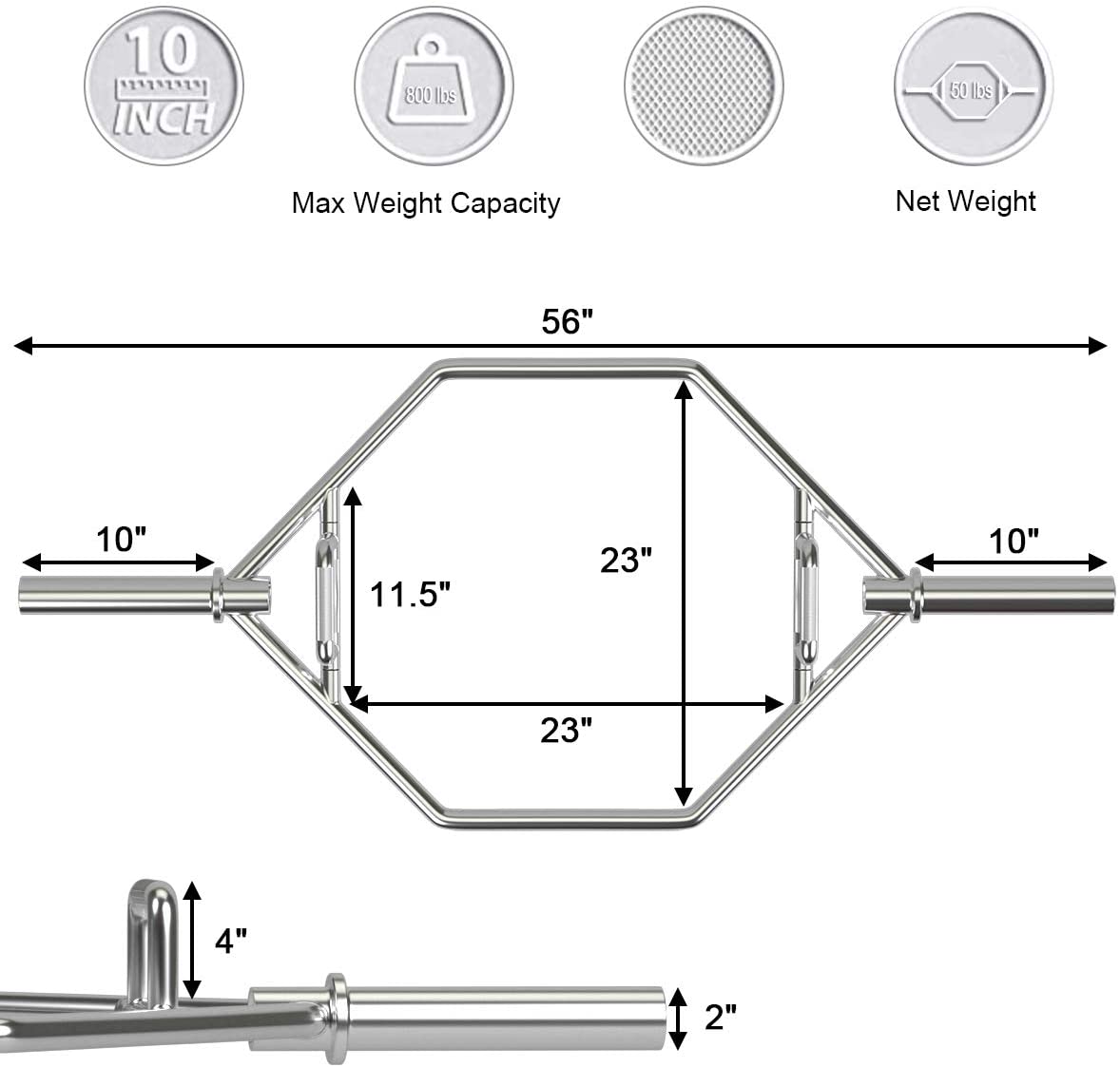 Folding Trap Bar 56 Chrome Finish Hex Weight Lifting Bar Deadlift Bar with Two-Handle