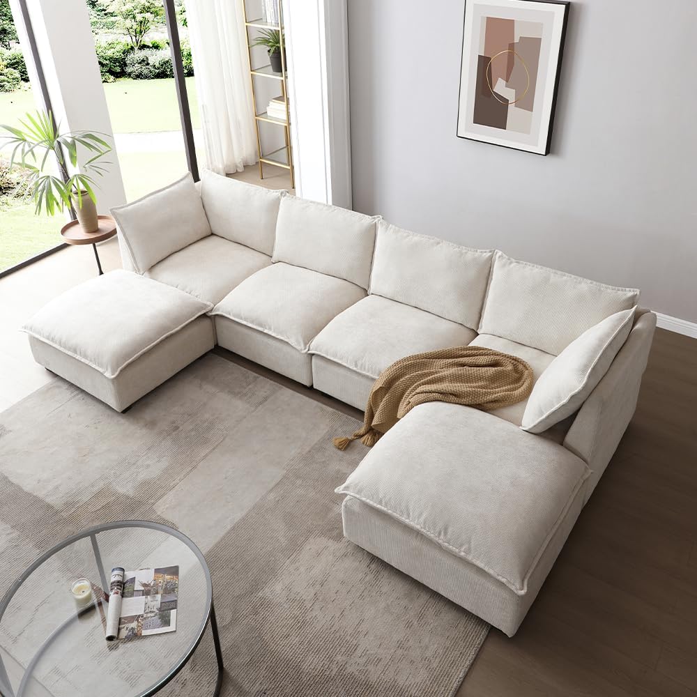 130" Modular U-Shaped Linen Sectional Sofa with Ottoman