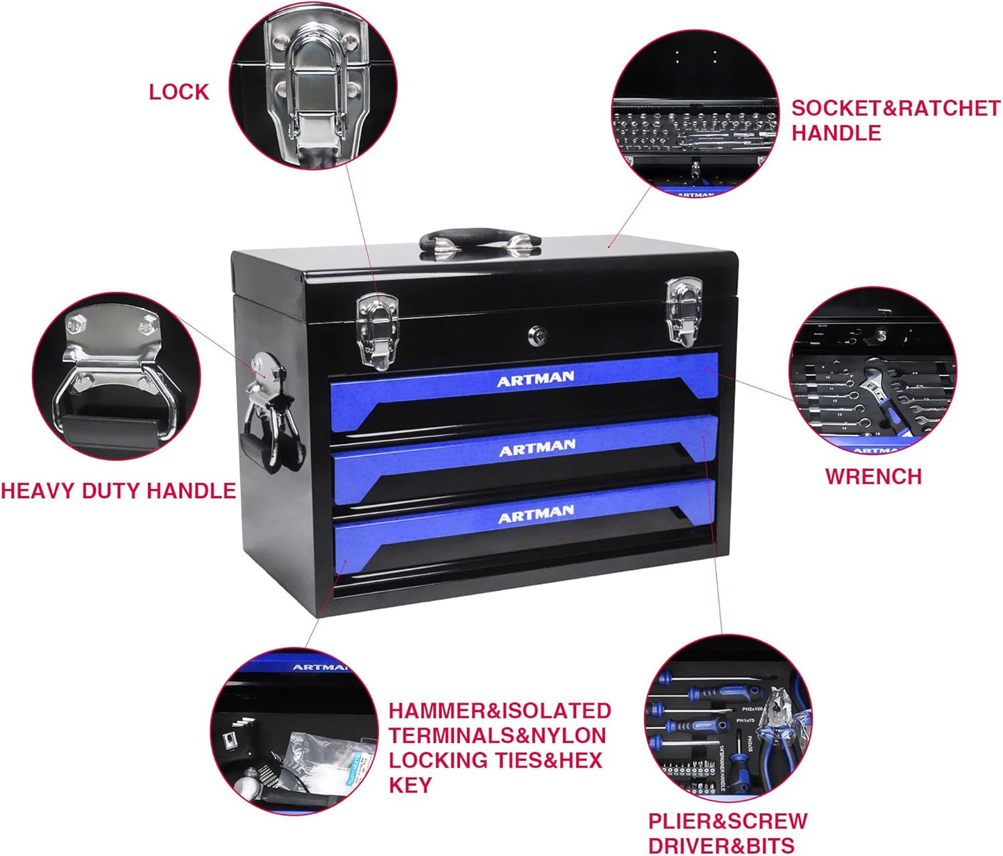 3 Drawers Heavy Duty Metal Tool Box with 439-Piece Mechanics Tool Set Repair Tool Kit, Blue & Black
