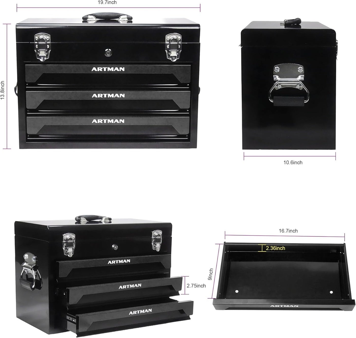 3 Drawers Heavy Duty Metal Tool Box with 439-Piece Mechanics Tool Set Repair Tool Kit, Blue & Black