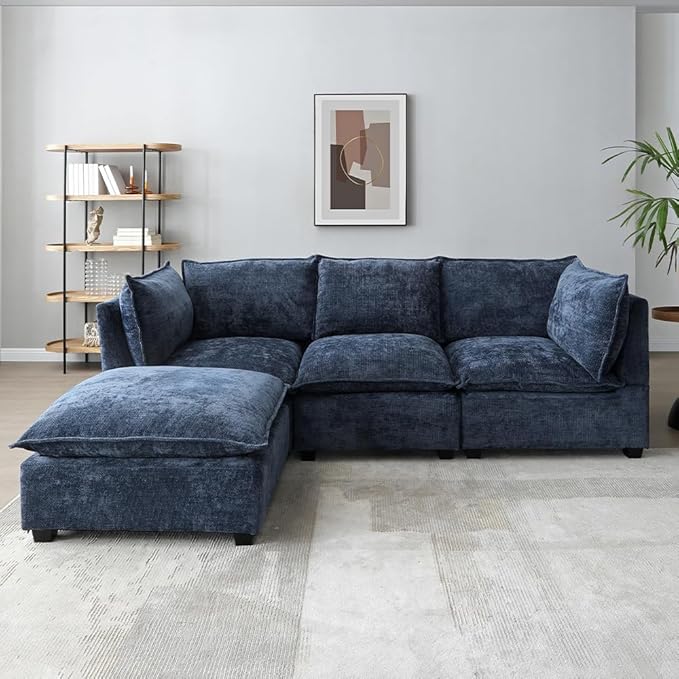130" Modular U-Shaped Linen Sectional Sofa with Ottoman
