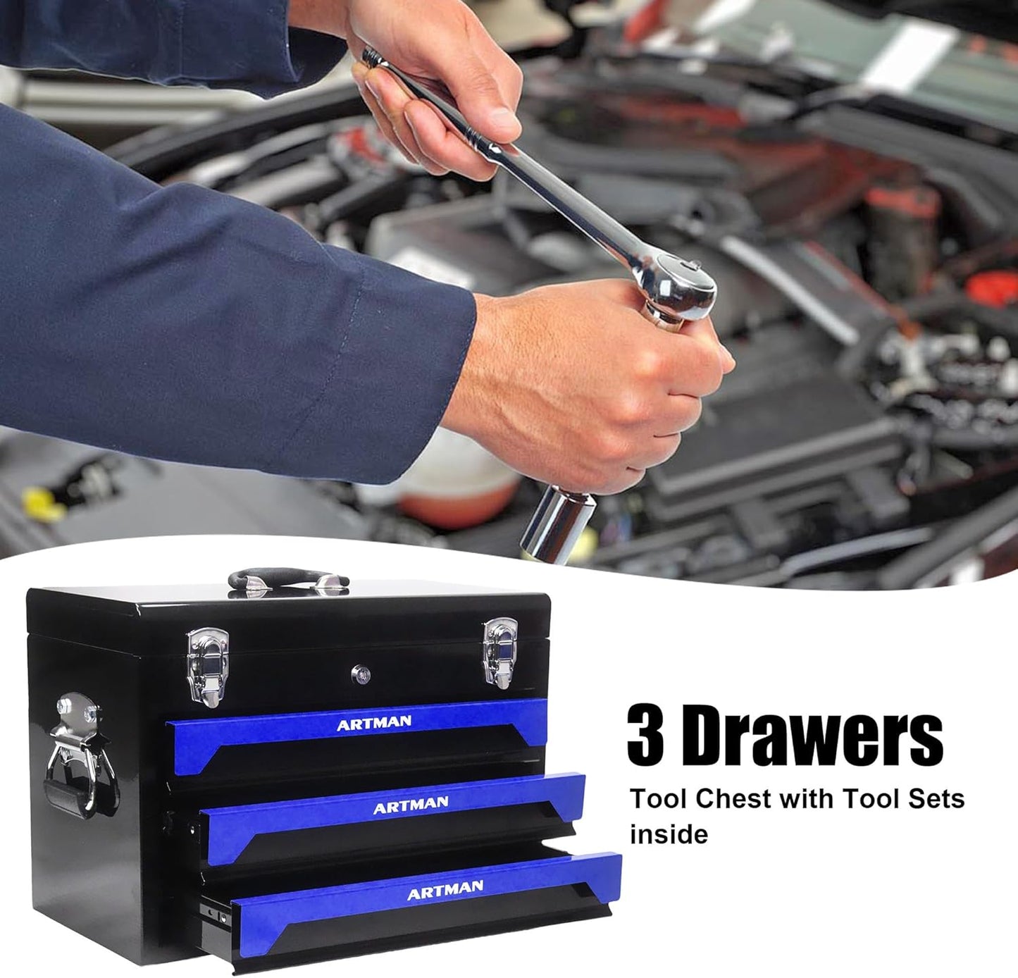 3 Drawers Heavy Duty Metal Tool Box with 439-Piece Mechanics Tool Set Repair Tool Kit, Blue & Black