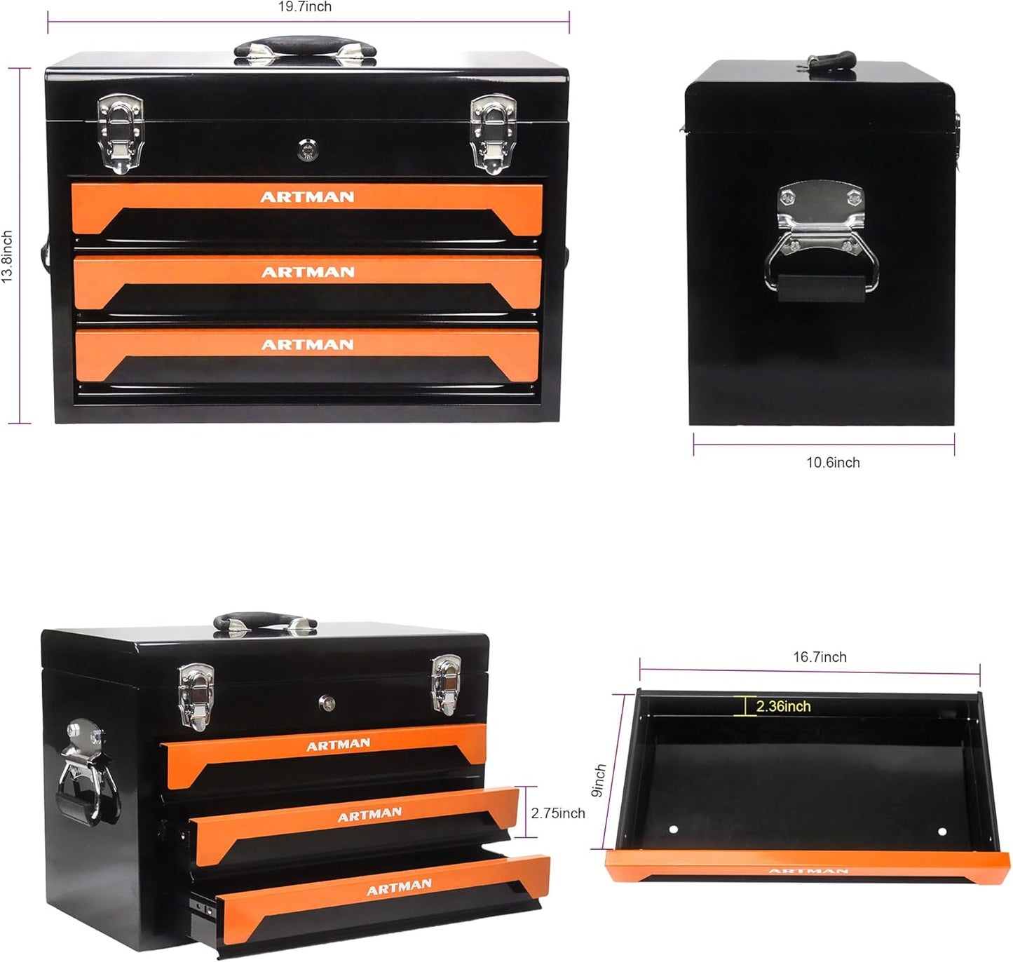 3 Drawers Heavy Duty Metal Tool Box with 439-Piece Mechanics Tool Set Repair Tool Kit, Blue & Black