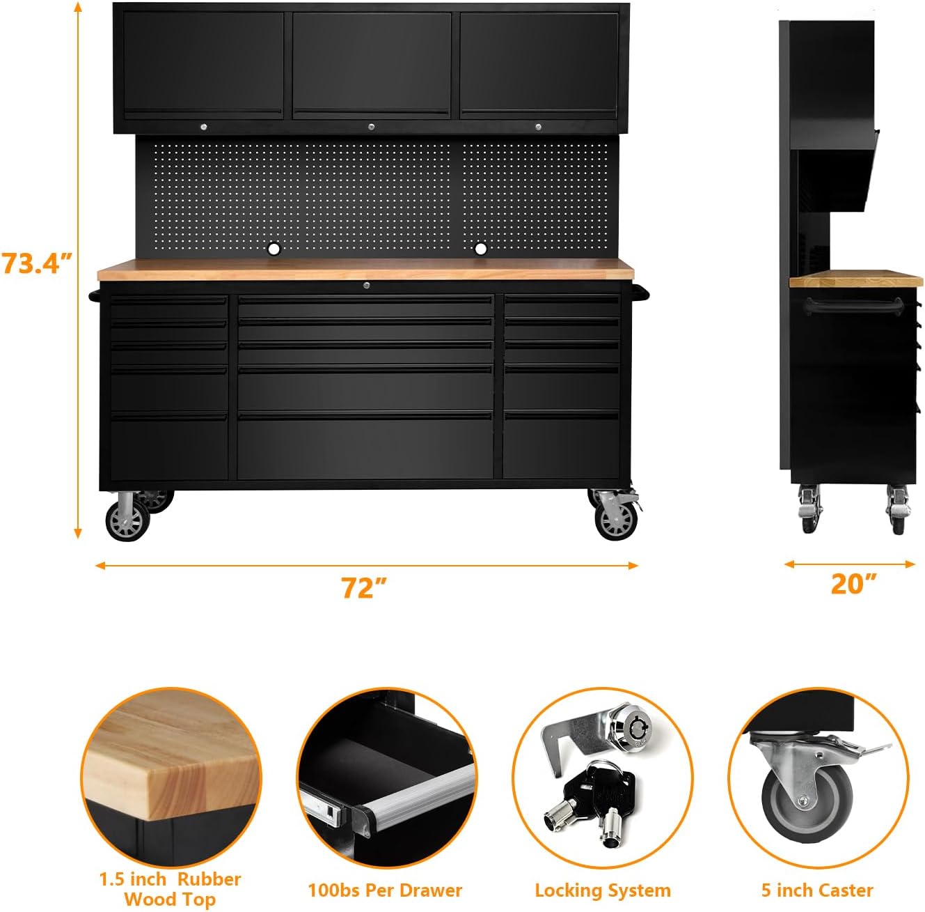 GarveeTech 72 Inch Rolling Tool Chest, Heavy Duty Mobile Workbench with 3 Upper Cabinets, 15 Drawers & Pegboard, Large Tool Storage Cabinet for Garage, Workshop, or Home Use