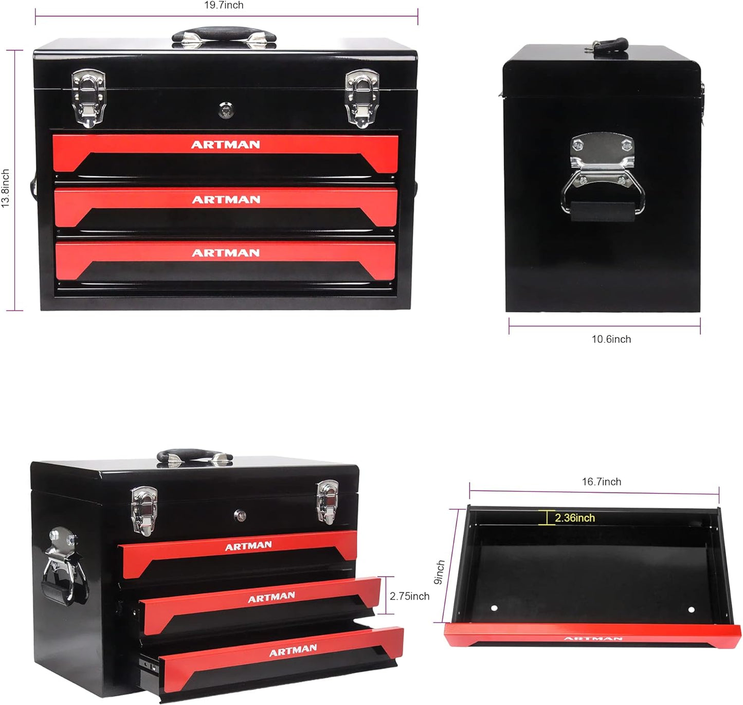 3 Drawers Heavy Duty Metal Tool Box with 439-Piece Mechanics Tool Set Repair Tool Kit, Blue & Black