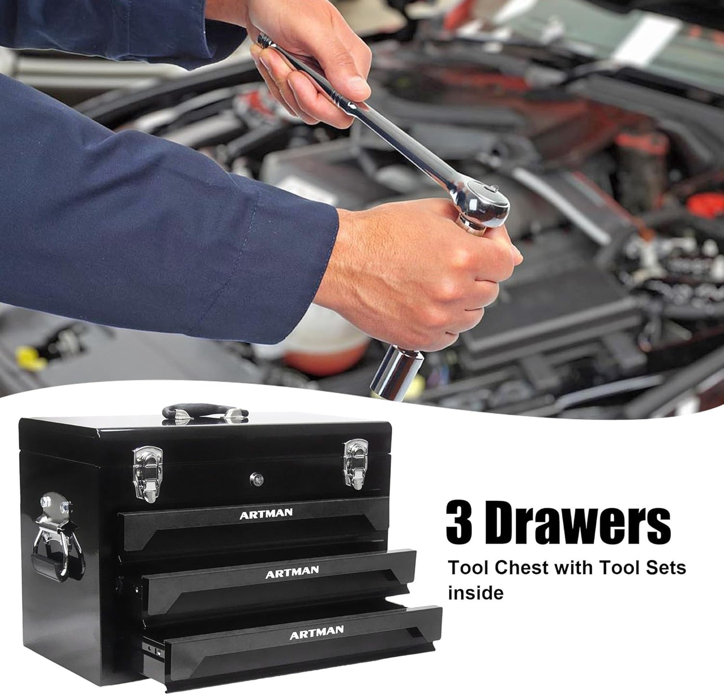 3 Drawers Heavy Duty Metal Tool Box with 439-Piece Mechanics Tool Set Repair Tool Kit, Blue & Black