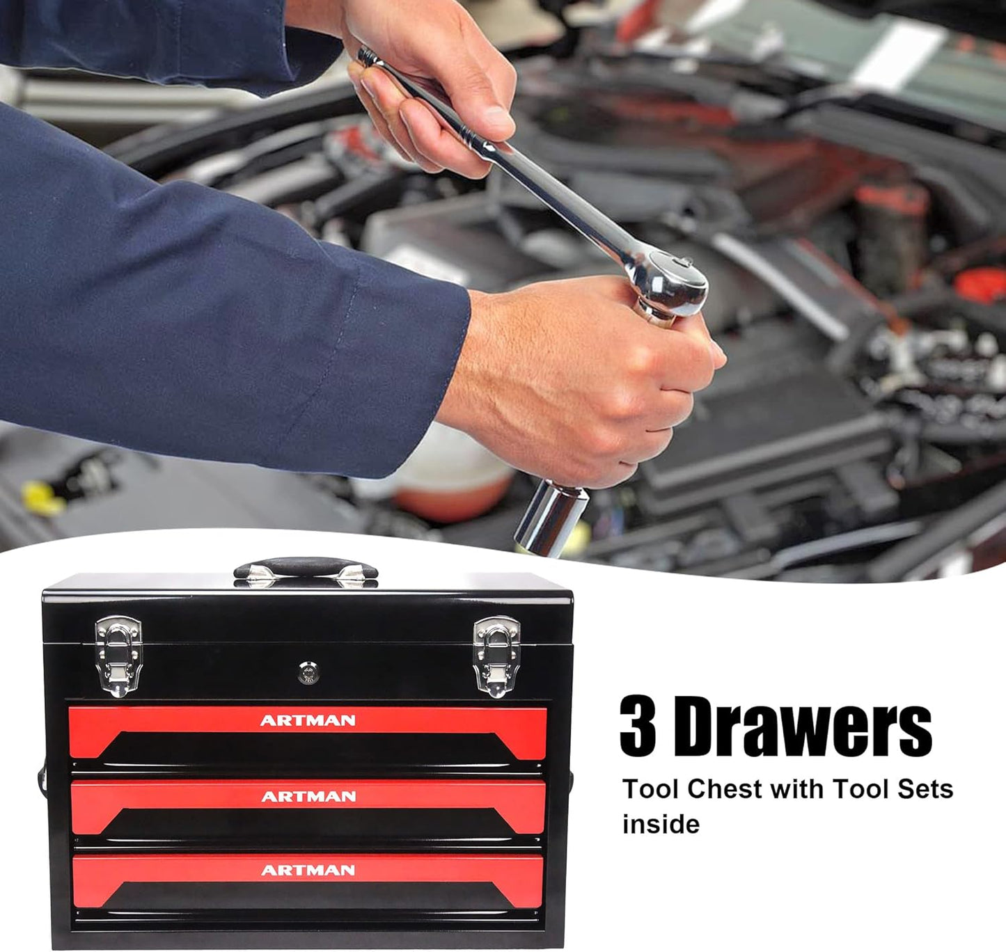 3 Drawers Heavy Duty Metal Tool Box with 439-Piece Mechanics Tool Set Repair Tool Kit, Blue & Black