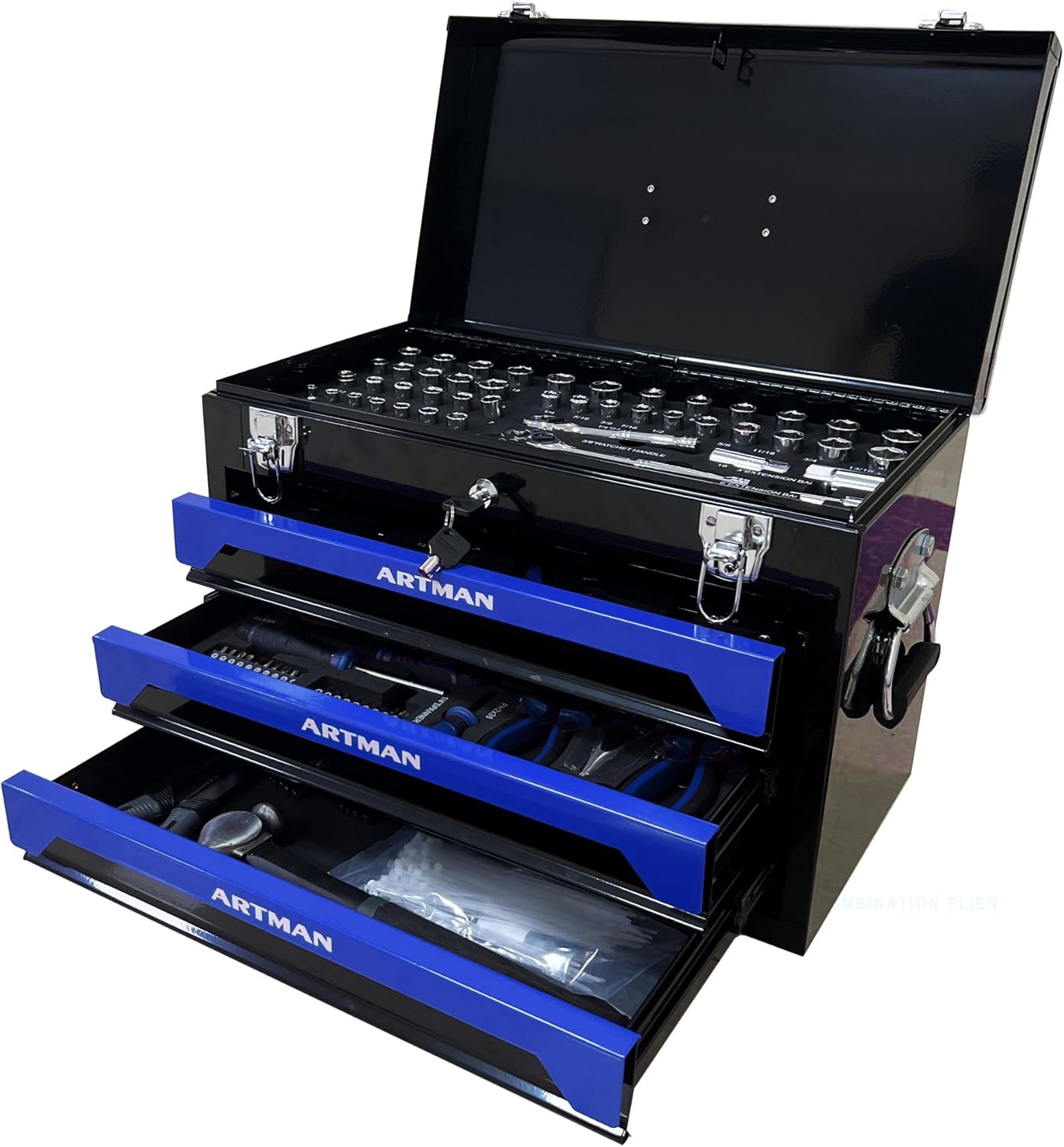 3 Drawers Heavy Duty Metal Tool Box with 439-Piece Mechanics Tool Set Repair Tool Kit, Blue & Black