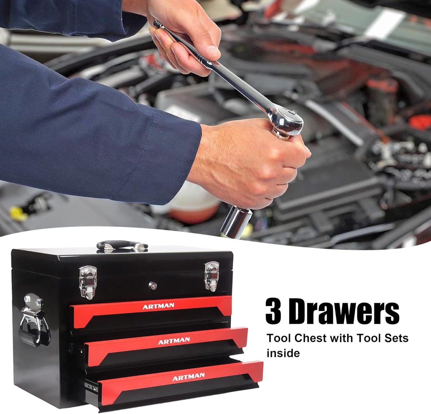 3 Drawers Heavy Duty Metal Tool Box with 439-Piece Mechanics Tool Set Repair Tool Kit, Blue & Black