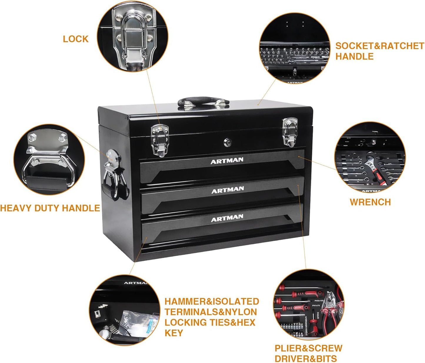 3 Drawers Heavy Duty Metal Tool Box with 439-Piece Mechanics Tool Set Repair Tool Kit, Blue & Black