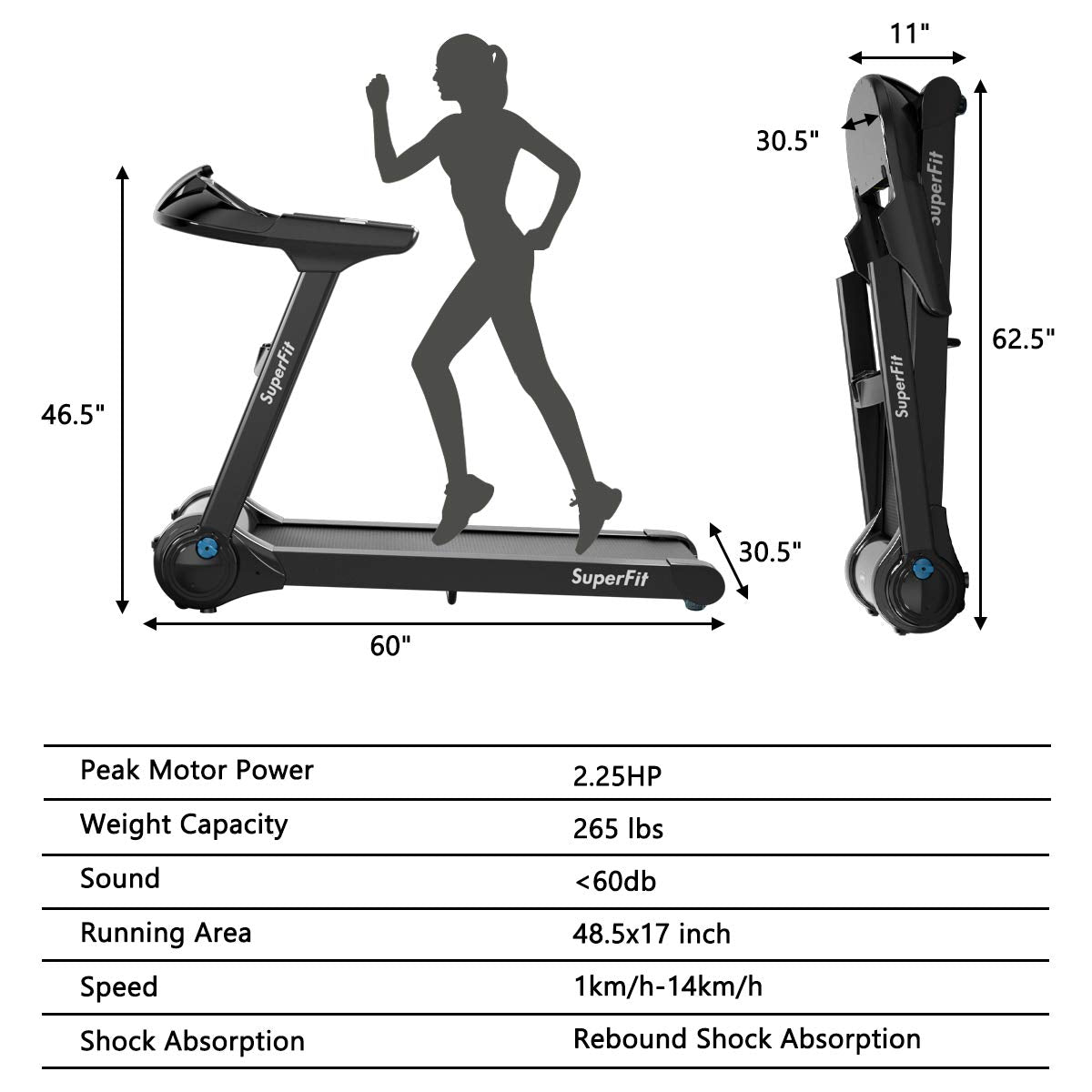 Folding Treadmill, Superfit Electric Portable Treadmill