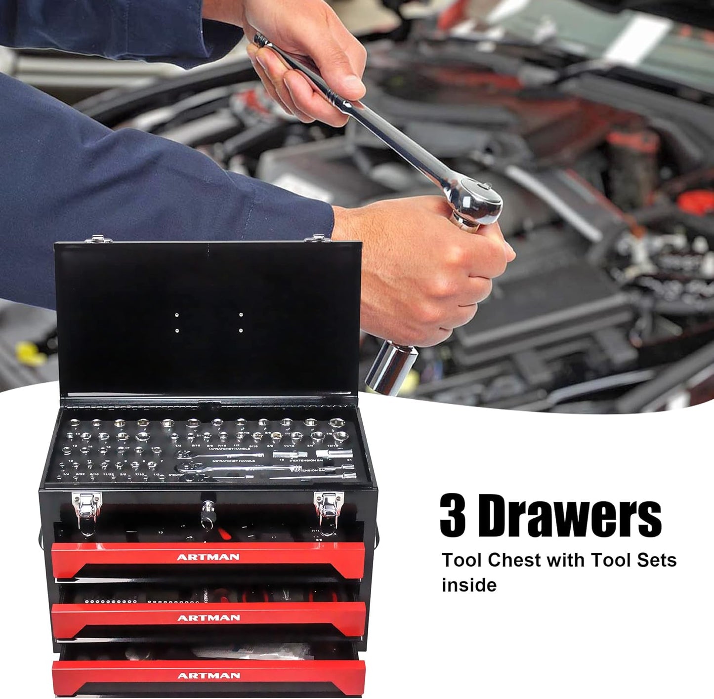 3 Drawers Heavy Duty Metal Tool Box with 439-Piece Mechanics Tool Set Repair Tool Kit, Blue & Black