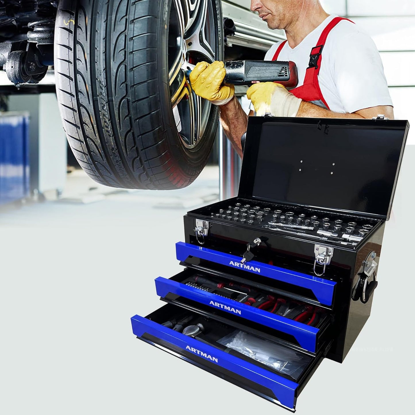 3 Drawers Heavy Duty Metal Tool Box with 439-Piece Mechanics Tool Set Repair Tool Kit, Blue & Black