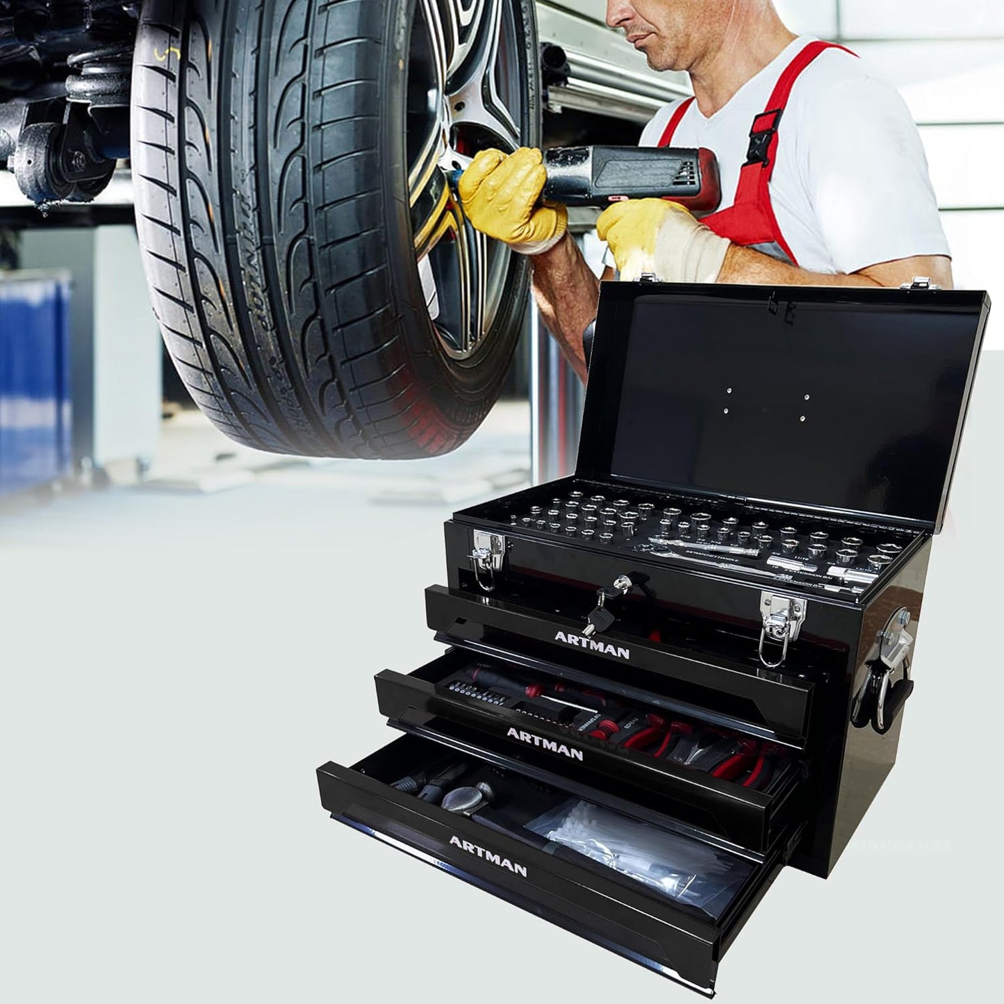 3 Drawers Heavy Duty Metal Tool Box with 439-Piece Mechanics Tool Set Repair Tool Kit, Blue & Black