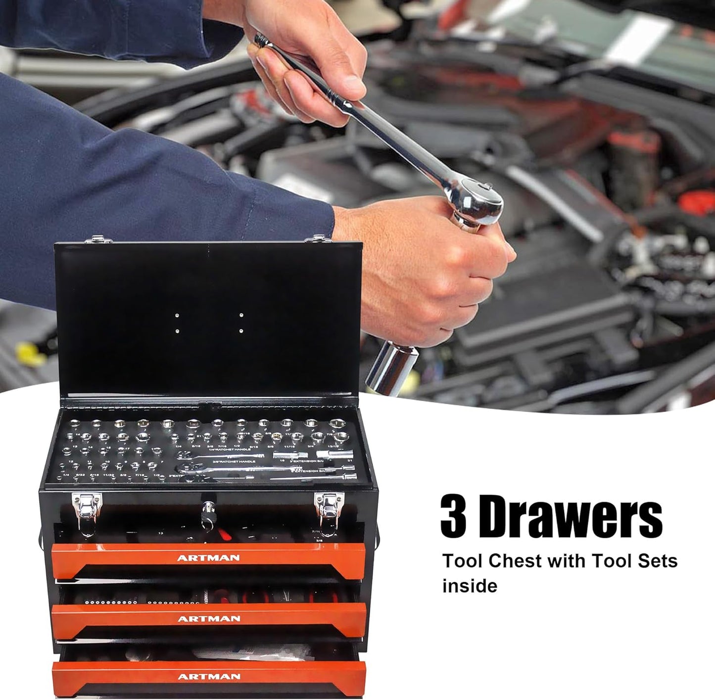 3 Drawers Heavy Duty Metal Tool Box with 439-Piece Mechanics Tool Set Repair Tool Kit, Blue & Black