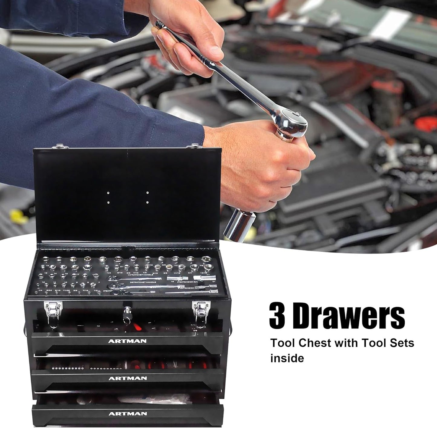 3 Drawers Heavy Duty Metal Tool Box with 439-Piece Mechanics Tool Set Repair Tool Kit, Blue & Black