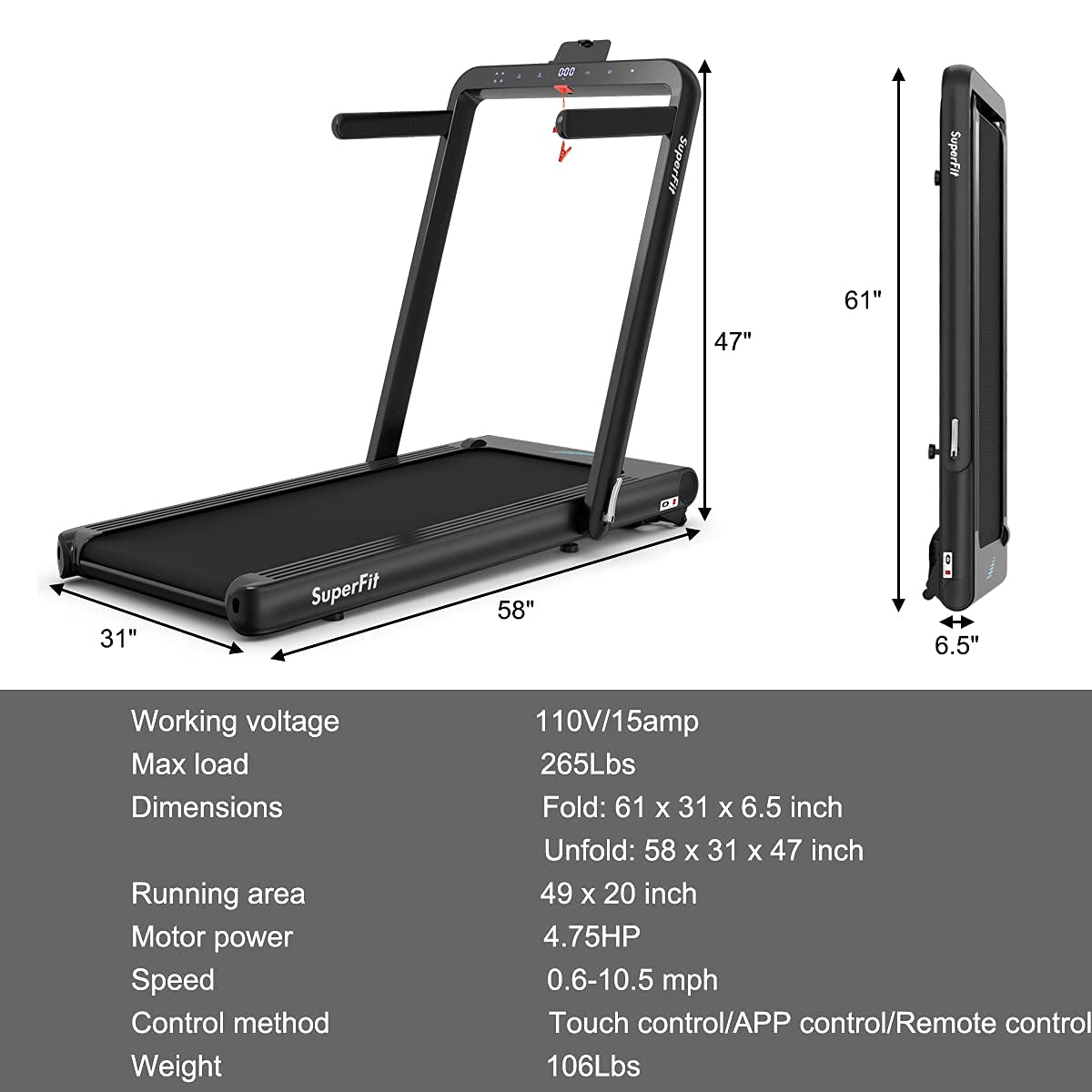 Goplus 2 in 1 Folding Treadmill, 4.75HP Superfit Under Desk Electric Treadmill with APP Control