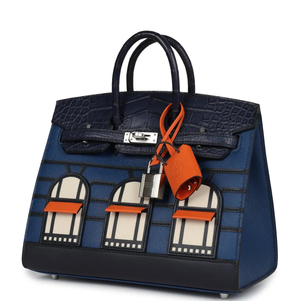 Herthtmes Night Sac Faubourg Birkin 20 Bleu Marine Matte Alligator Pallad