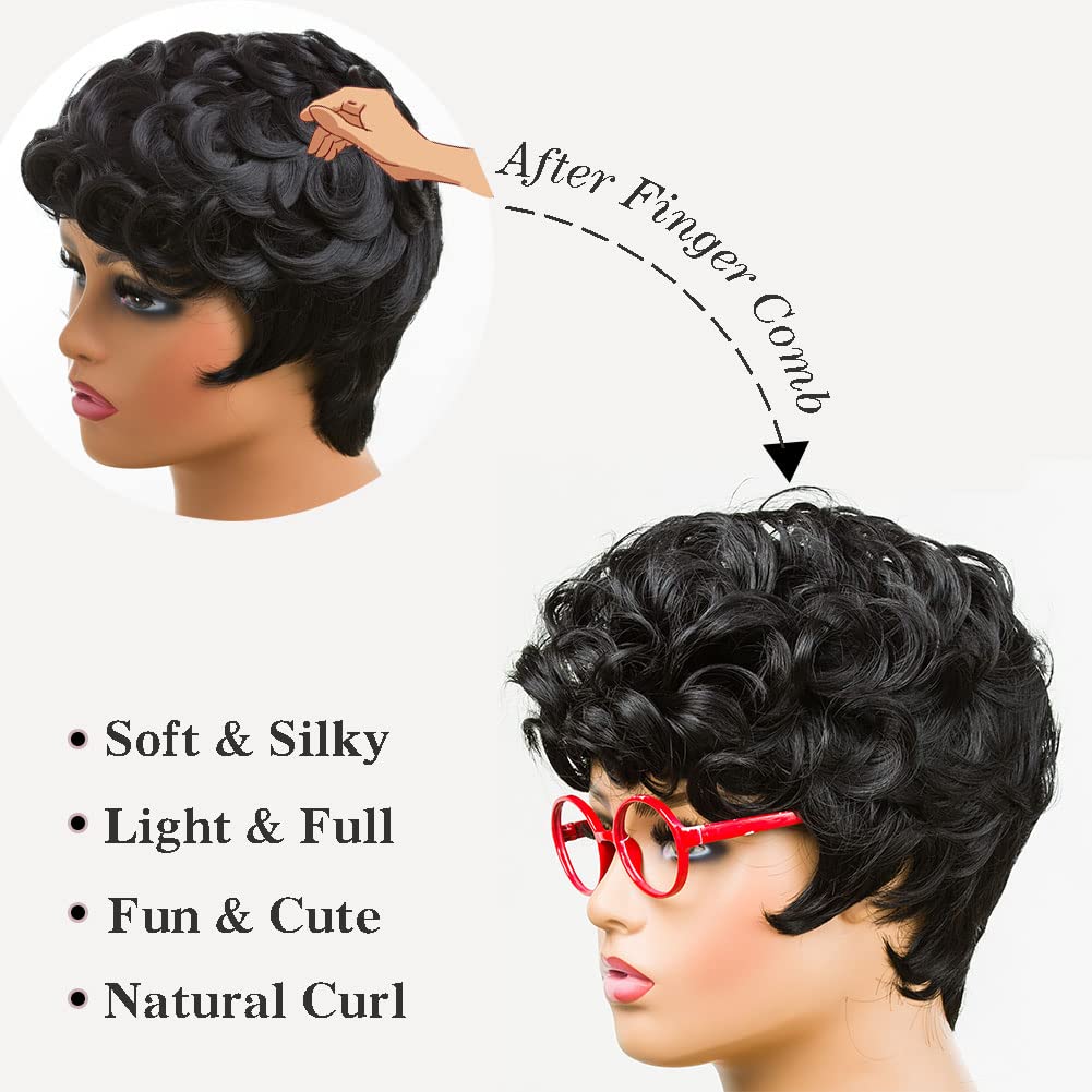 Gray Pixie Cut Wig With Bangs for Black Women - Short Curly Natural Wavy Fluffy Style (Grey)