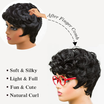 Gray Pixie Cut Wig With Bangs for Black Women - Short Curly Natural Wavy Fluffy Style (Grey)