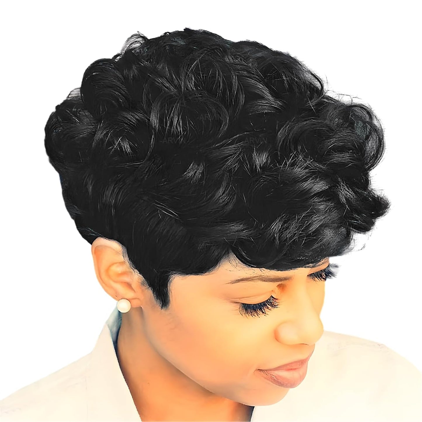 Gray Pixie Cut Wig With Bangs for Black Women - Short Curly Natural Wavy Fluffy Style (Grey)