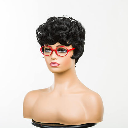Gray Pixie Cut Wig With Bangs for Black Women - Short Curly Natural Wavy Fluffy Style (Grey)
