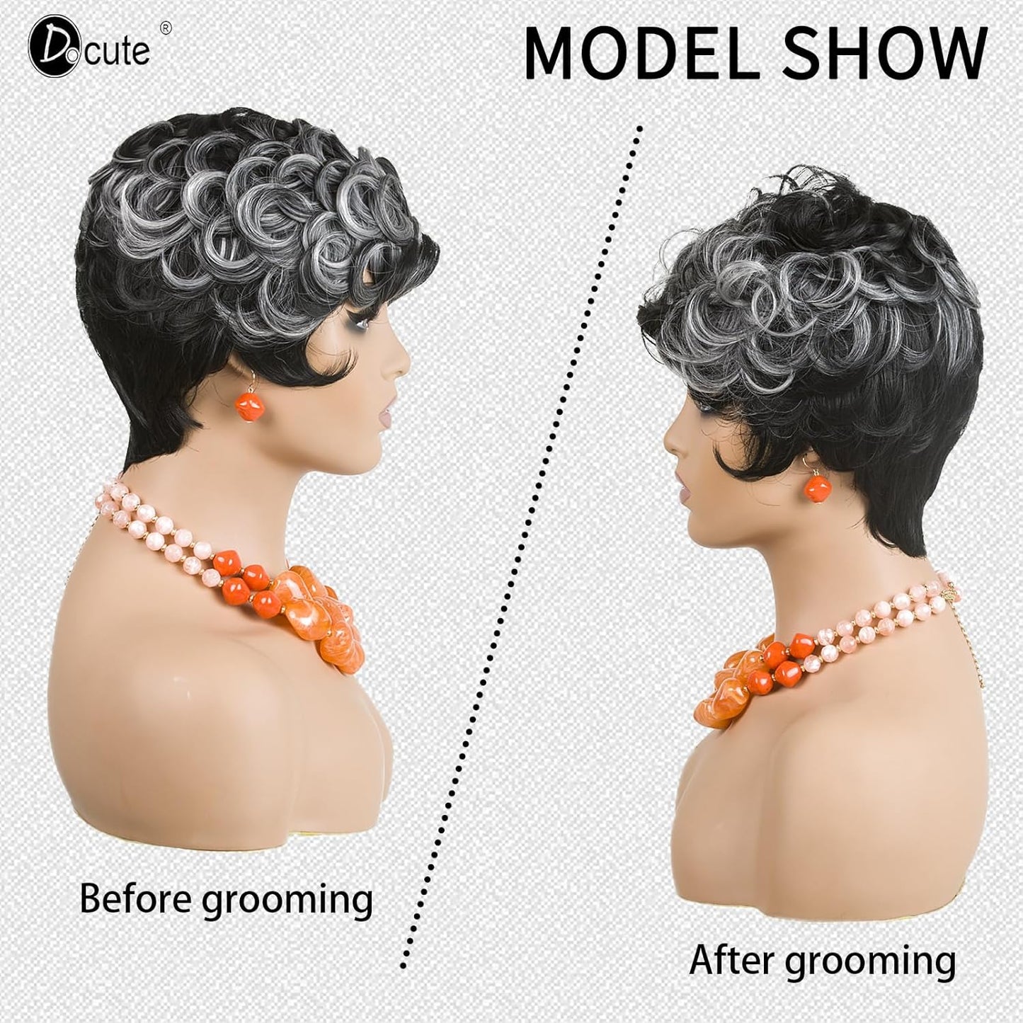 Gray Pixie Cut Wig With Bangs for Black Women - Short Curly Natural Wavy Fluffy Style (Grey)