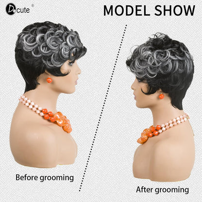 Gray Pixie Cut Wig With Bangs for Black Women - Short Curly Natural Wavy Fluffy Style (Grey)