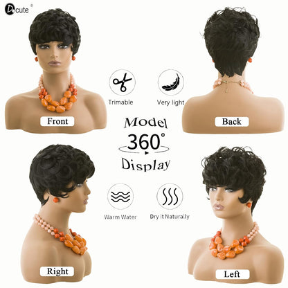 Gray Pixie Cut Wig With Bangs for Black Women - Short Curly Natural Wavy Fluffy Style (Grey)