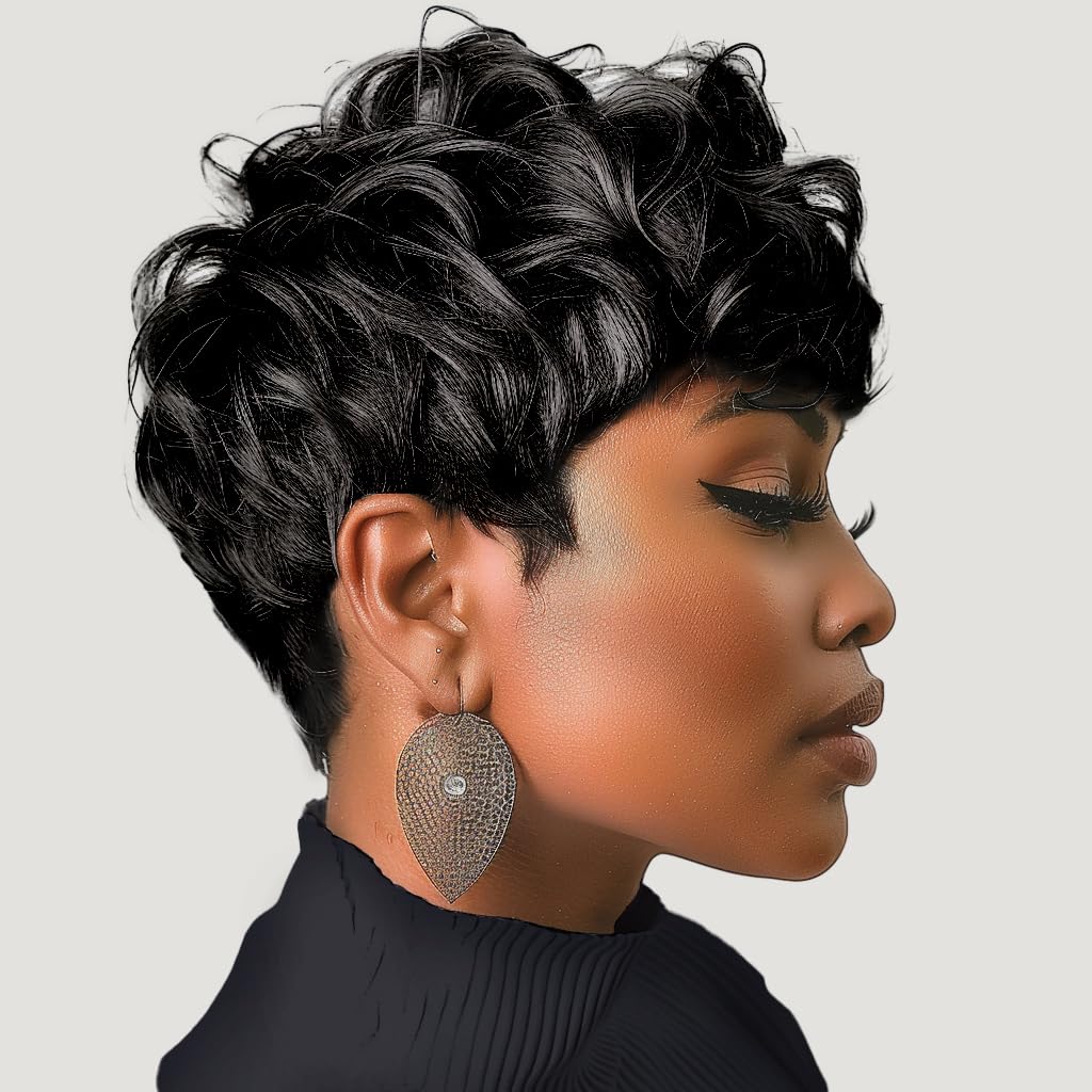 Gray Pixie Cut Wig With Bangs for Black Women - Short Curly Natural Wavy Fluffy Style (Grey)