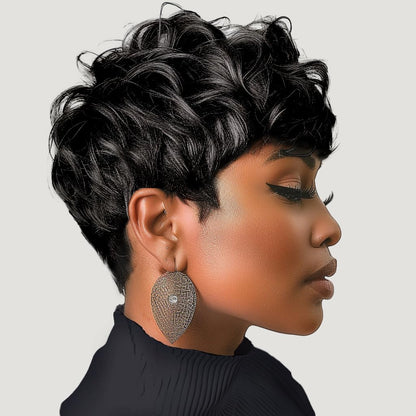 Gray Pixie Cut Wig With Bangs for Black Women - Short Curly Natural Wavy Fluffy Style (Grey)