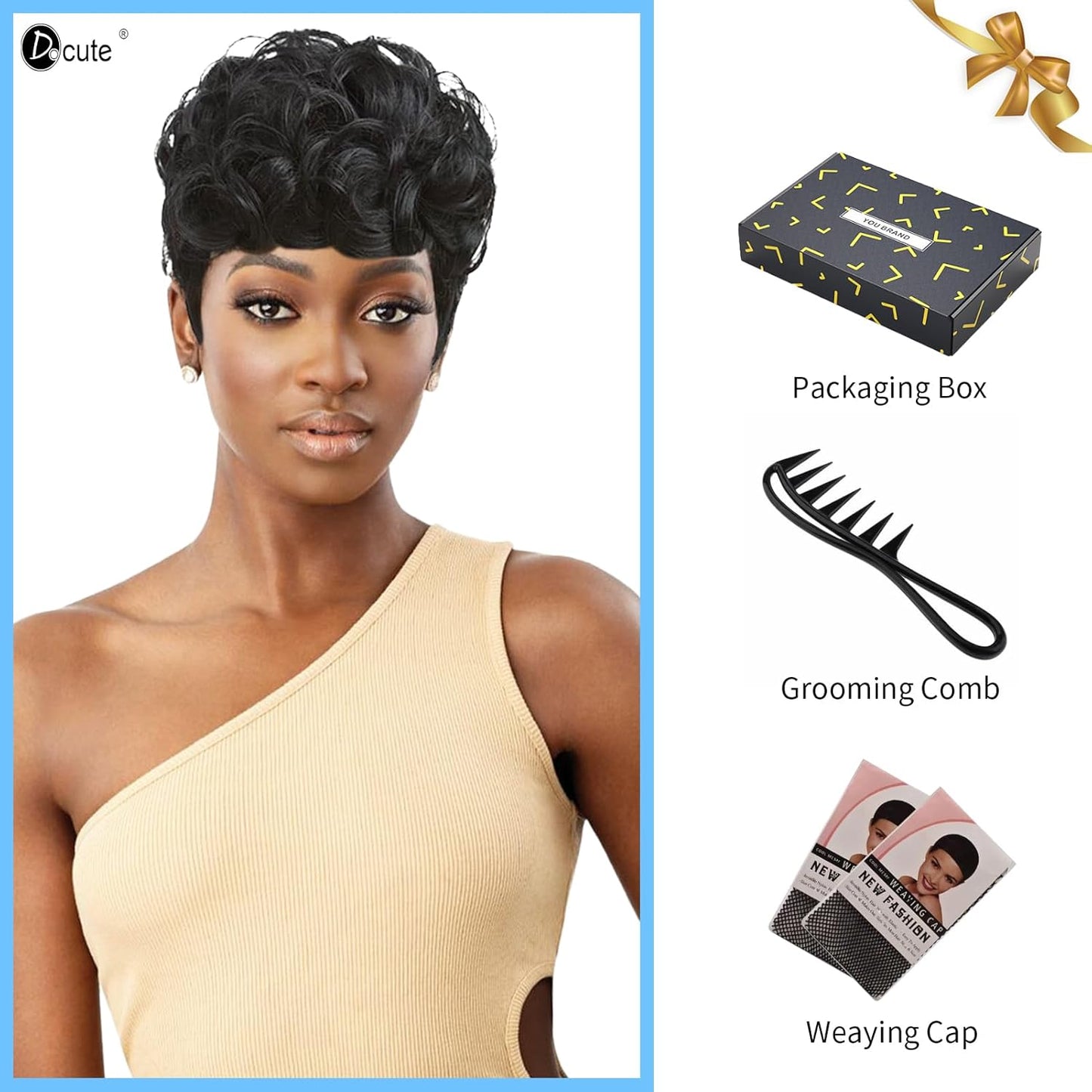 Gray Pixie Cut Wig With Bangs for Black Women - Short Curly Natural Wavy Fluffy Style (Grey)