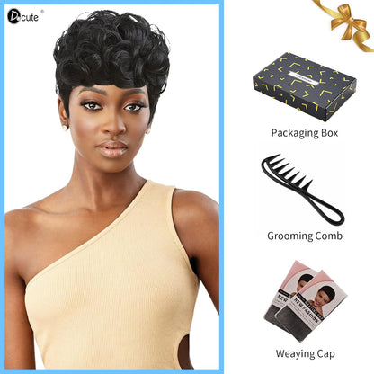 Gray Pixie Cut Wig With Bangs for Black Women - Short Curly Natural Wavy Fluffy Style (Grey)