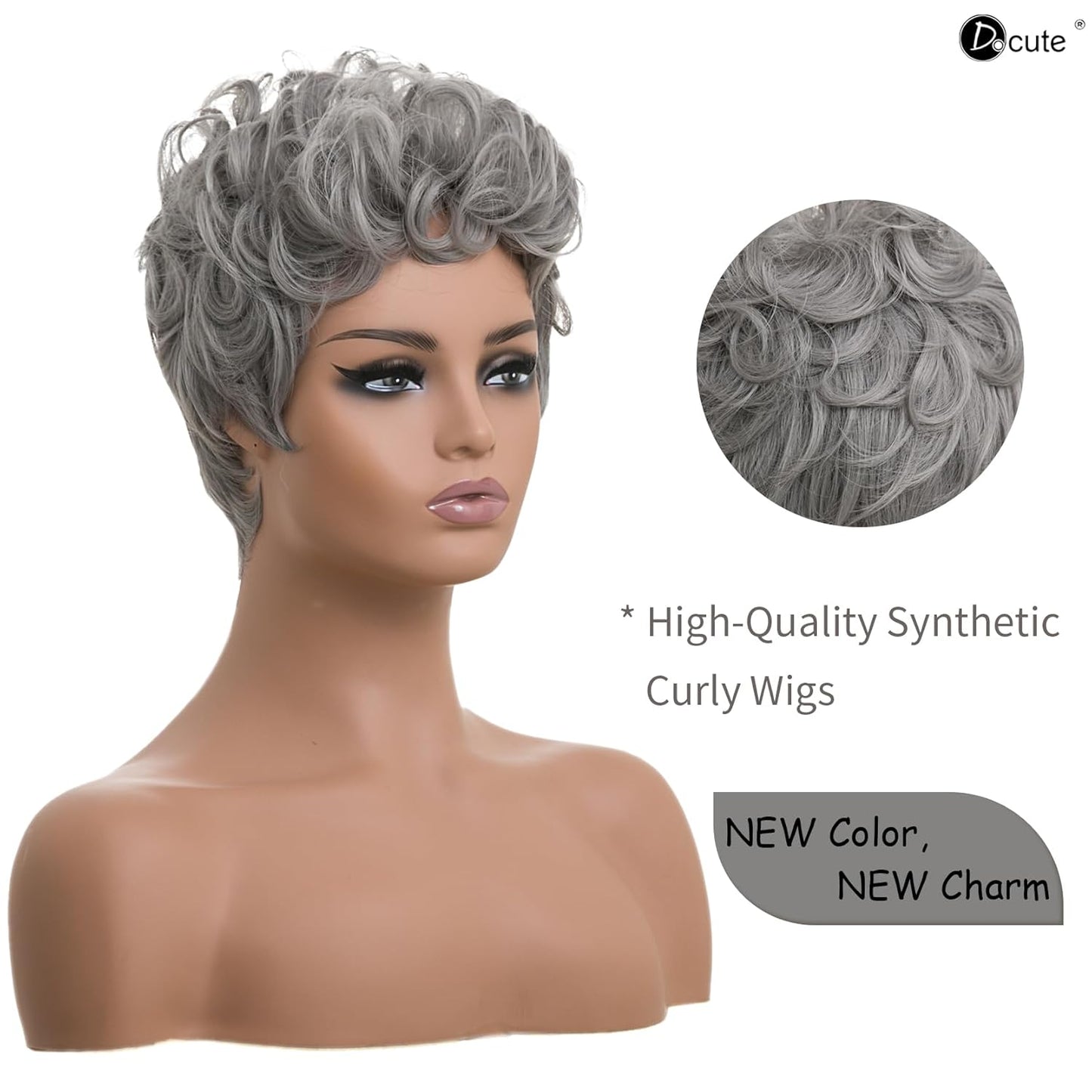 Gray Pixie Cut Wig With Bangs for Black Women - Short Curly Natural Wavy Fluffy Style (Grey)