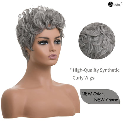 Gray Pixie Cut Wig With Bangs for Black Women - Short Curly Natural Wavy Fluffy Style (Grey)
