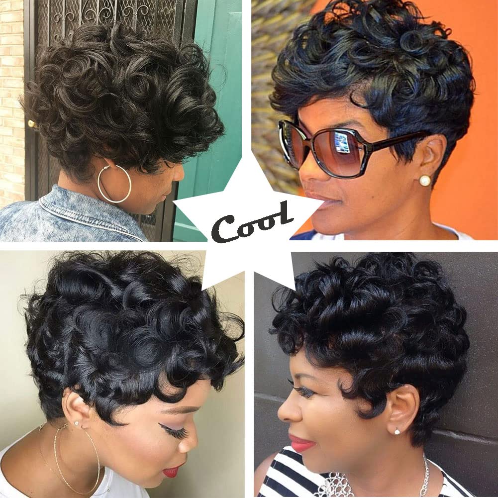 Gray Pixie Cut Wig With Bangs for Black Women - Short Curly Natural Wavy Fluffy Style (Grey)