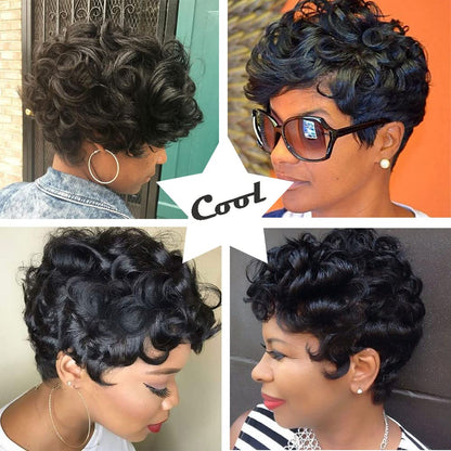 Gray Pixie Cut Wig With Bangs for Black Women - Short Curly Natural Wavy Fluffy Style (Grey)