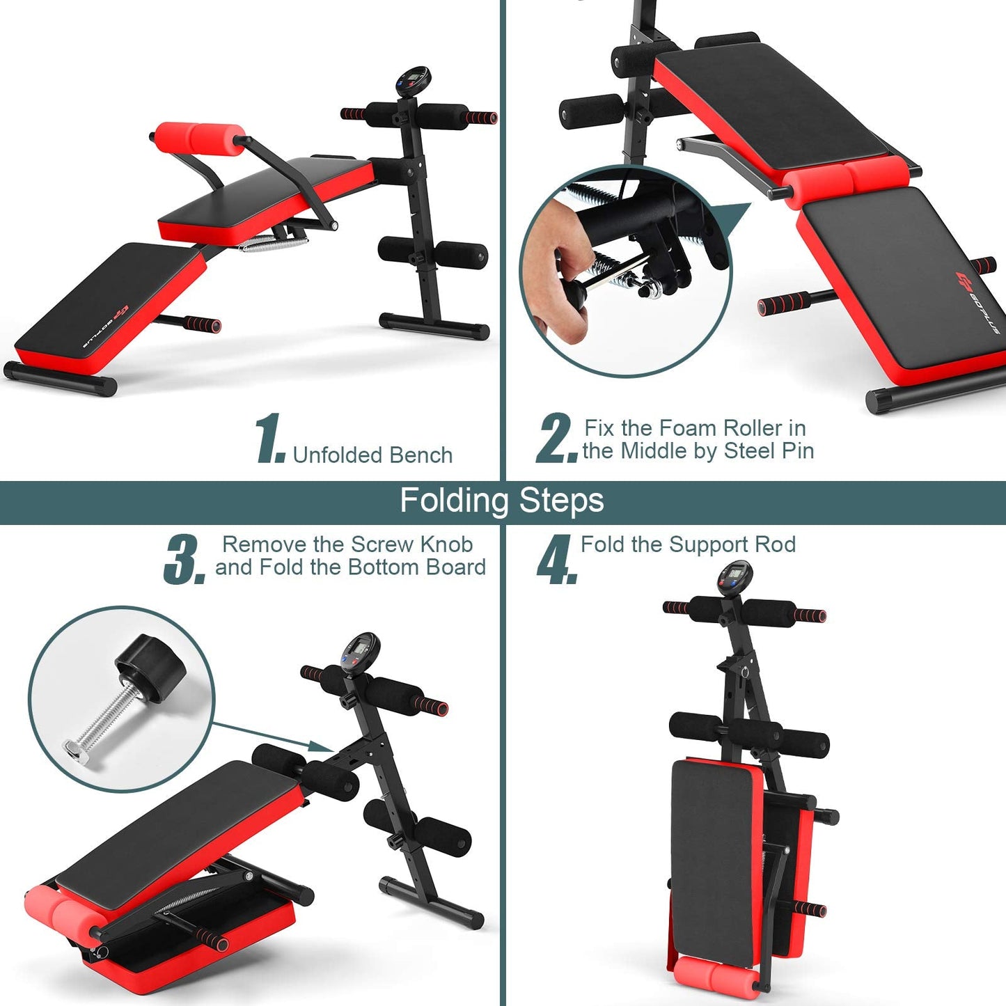 6 in 1 Adjustable Sit Up Bench, Foldable Utility Weight Bench