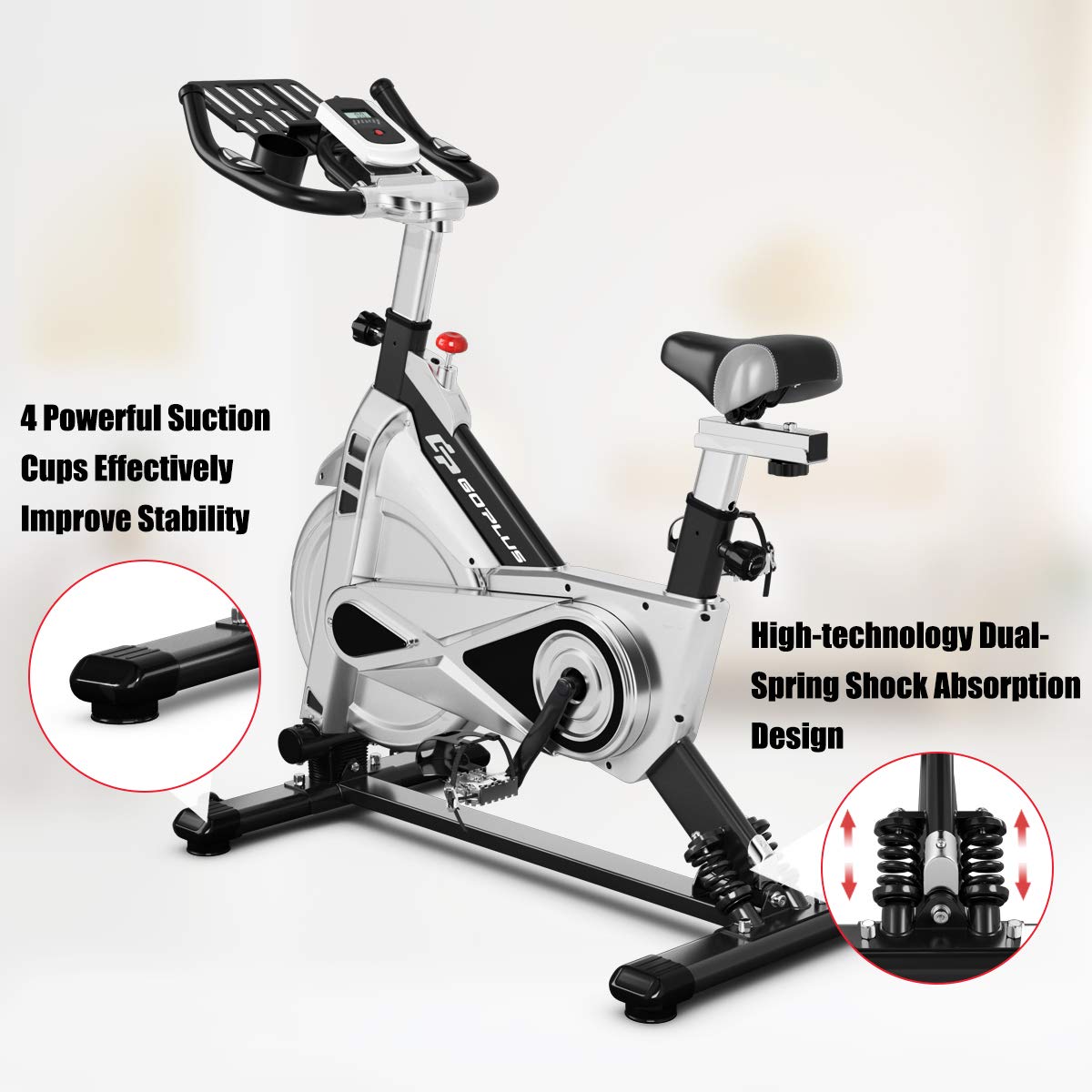 Adjustable Exercise Bike, Stationary Silent Bicycle with Dual-Spring Shock Absorption