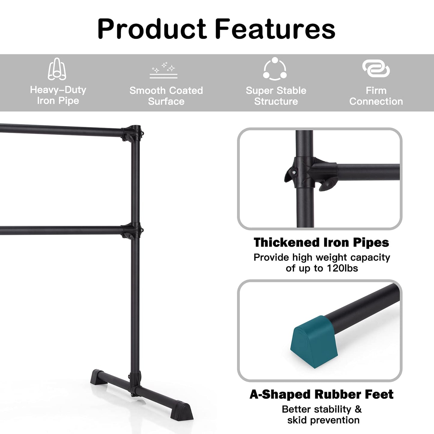 Goplus Double Ballet Barre Bar, Portable 4 FT Freestanding Dancing Bar w/ 7 - 46 Adjustable Height