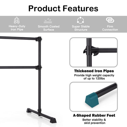 Goplus Double Ballet Barre Bar, Portable 4 FT Freestanding Dancing Bar w/ 7 - 46 Adjustable Height