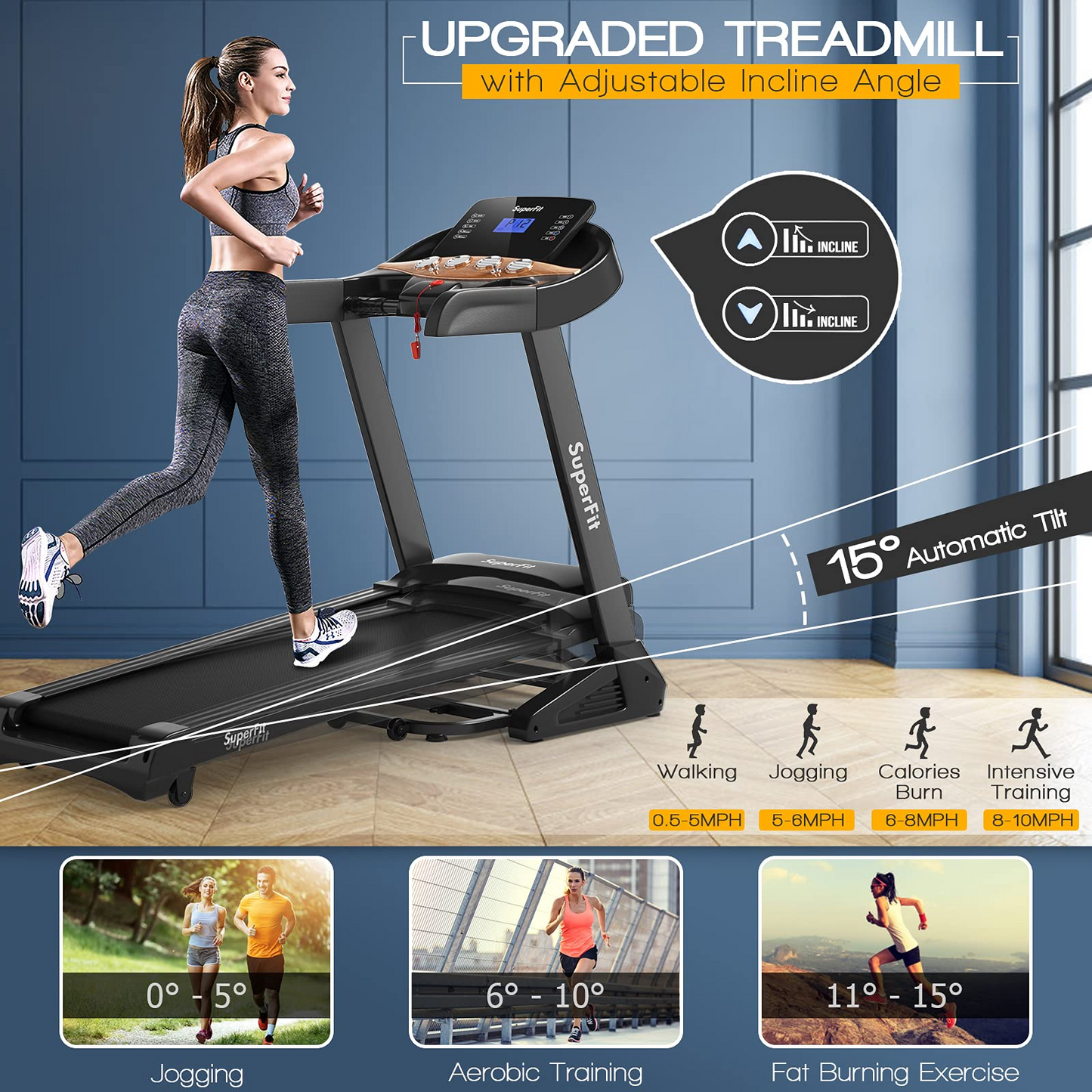 Goplus 3.75HP Folding Treadmill with Incline, Electric Superfit Treadmill w/App Control, 12 Preset & 3 Custom Programs