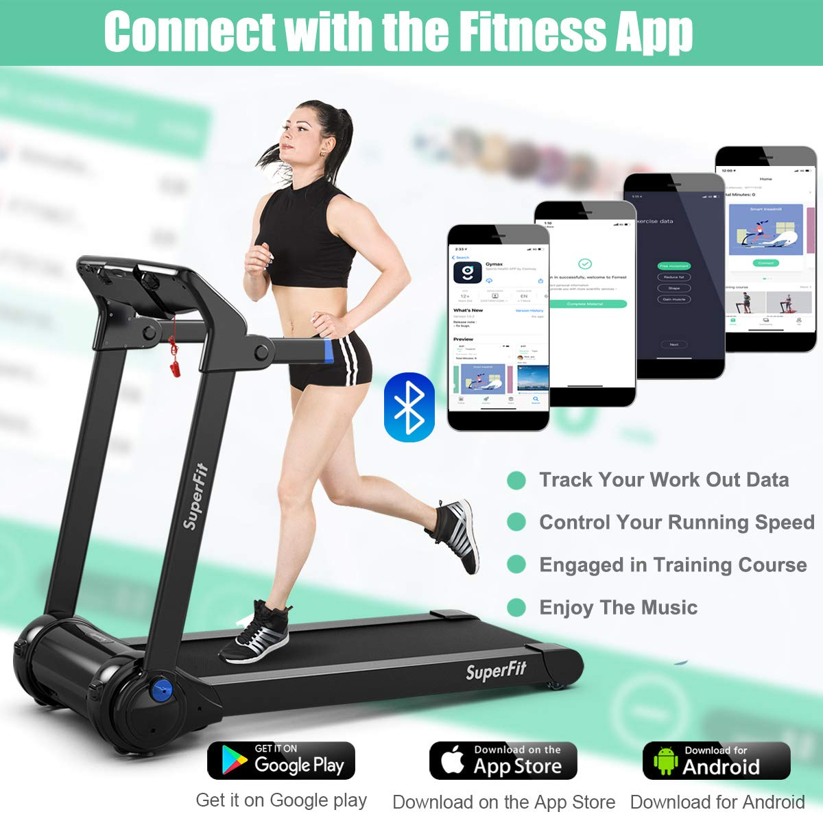 Goplus 3HP Electric Folding Treadmill, with APP Control, Bluetooth Speaker and HD Touch Screen
