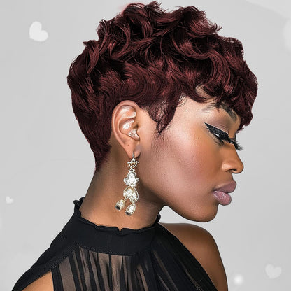 Gray Pixie Cut Wig With Bangs for Black Women - Short Curly Natural Wavy Fluffy Style (Grey)