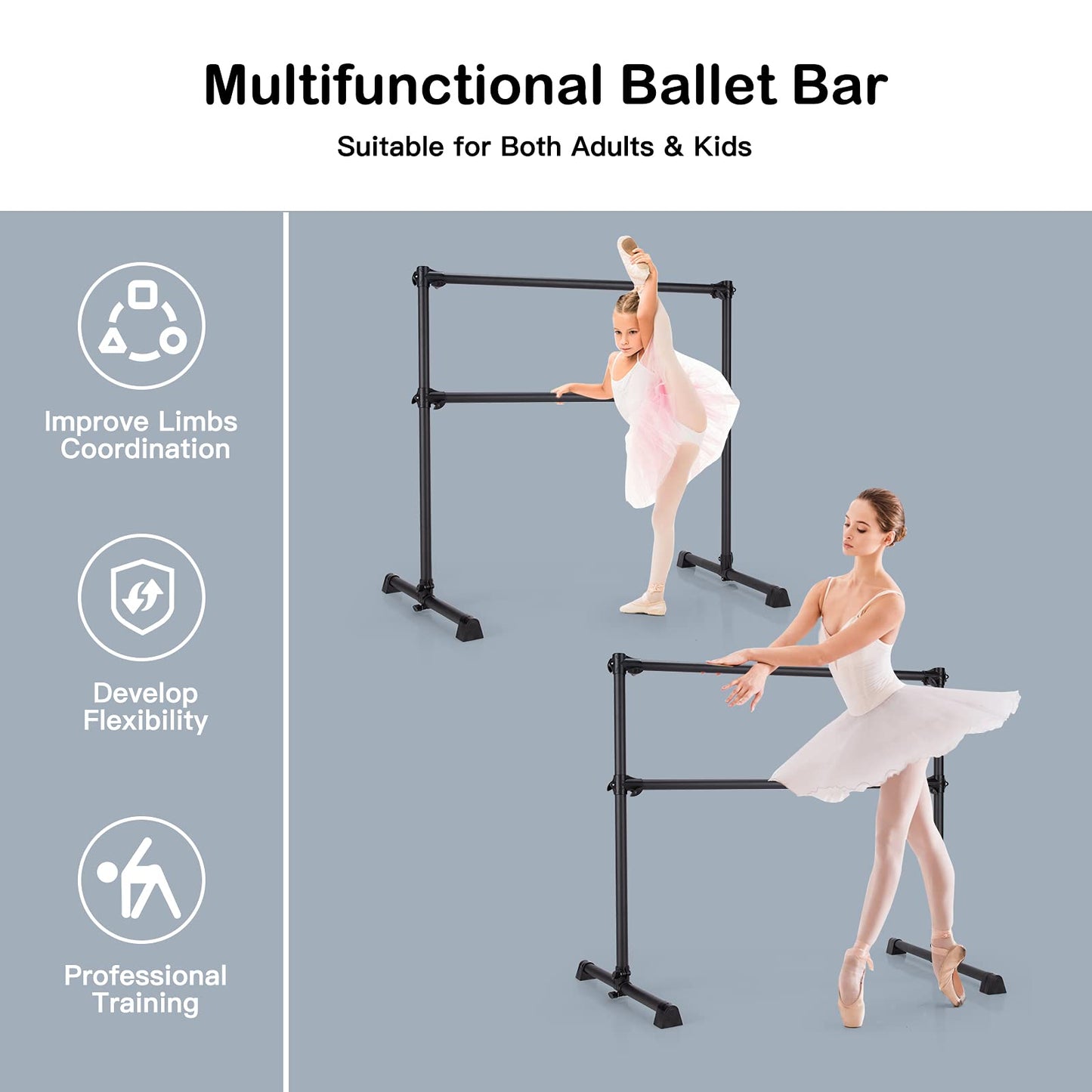 Goplus Double Ballet Barre Bar, Portable 4 FT Freestanding Dancing Bar w/ 7 - 46 Adjustable Height