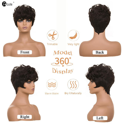 Gray Pixie Cut Wig With Bangs for Black Women - Short Curly Natural Wavy Fluffy Style (Grey)