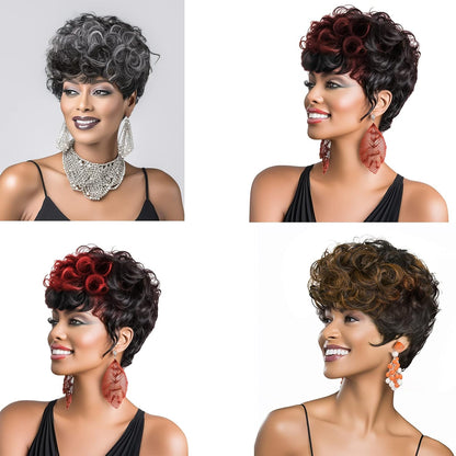 Gray Pixie Cut Wig With Bangs for Black Women - Short Curly Natural Wavy Fluffy Style (Grey)