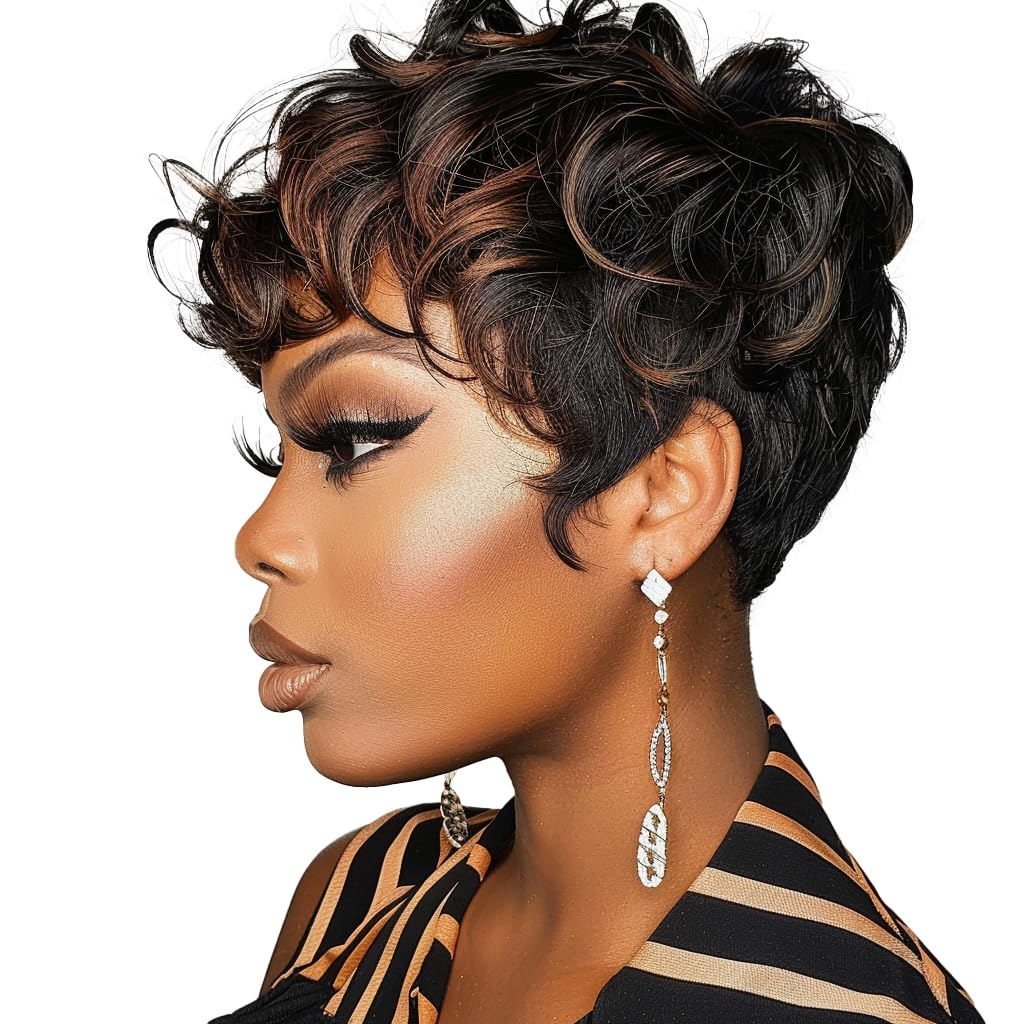 Gray Pixie Cut Wig With Bangs for Black Women - Short Curly Natural Wavy Fluffy Style (Grey)